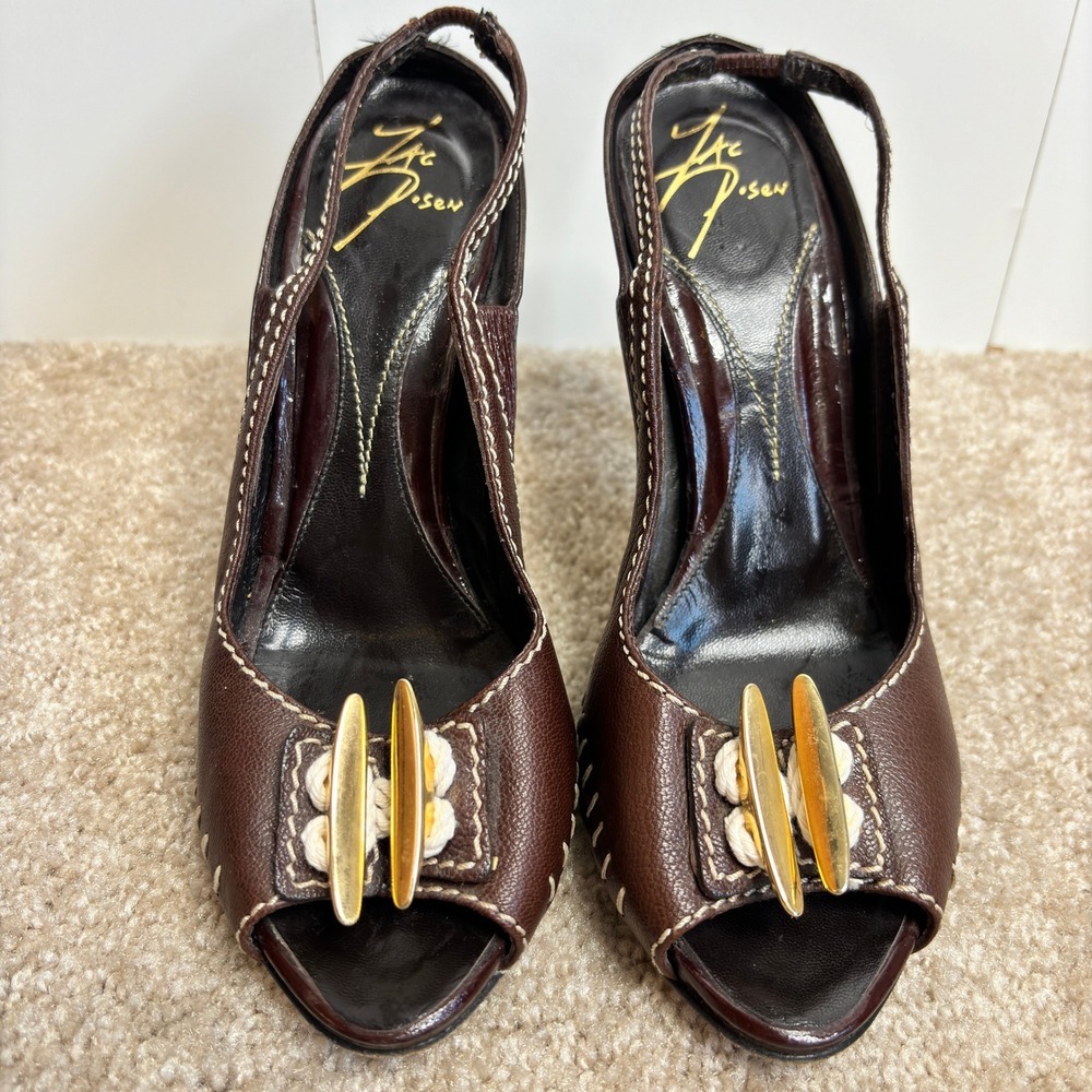 Zac Posen Brown Leather Peep Toe Slingback Y2K Striped Heels Size 7 - Picture 2 of 13